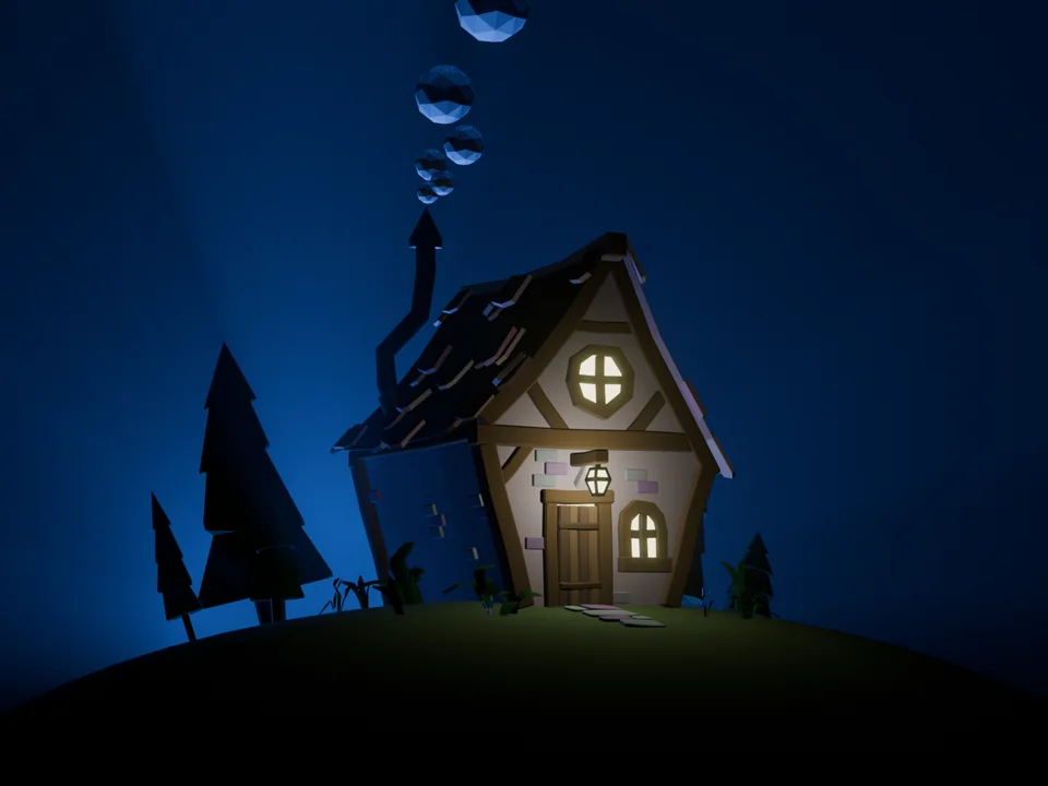 Stylized nighttime 3D house scene rendered in Blender
