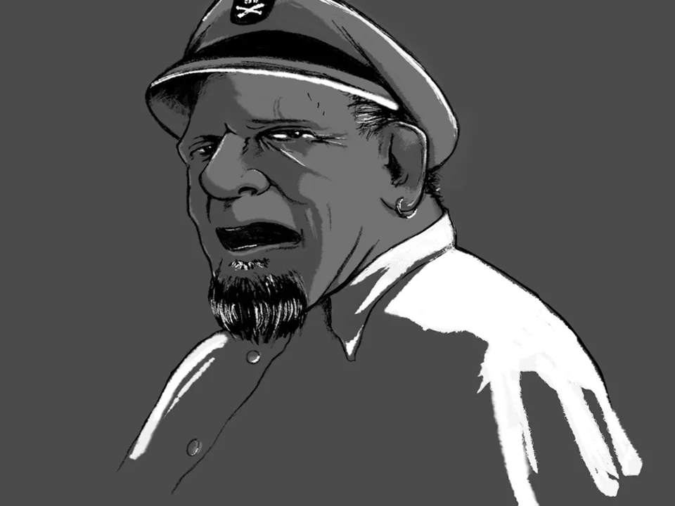 Black-and-white digital illustration of a grizzled sea captain